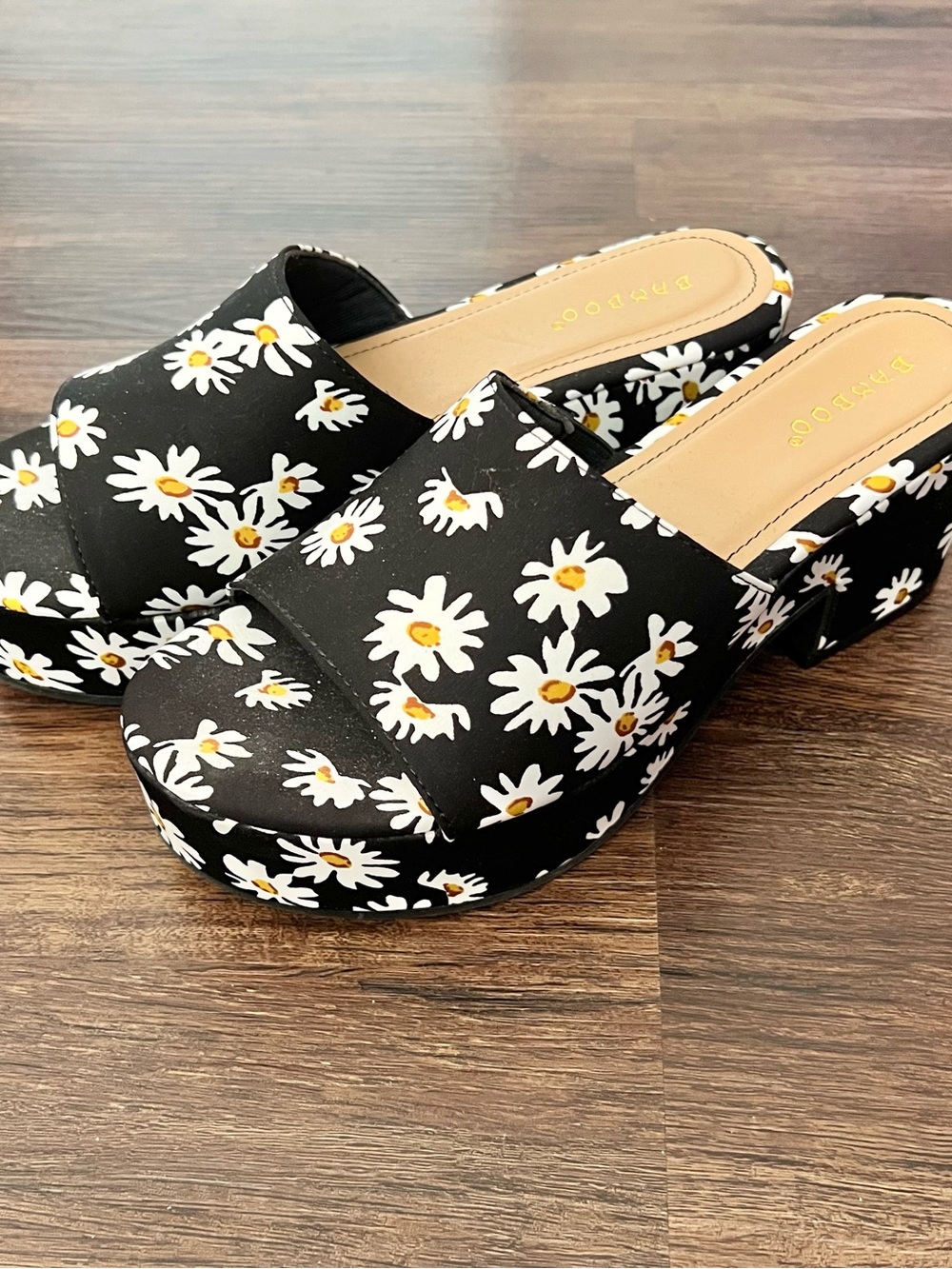 BAMBOO Black Daisy Platform Slide Mules